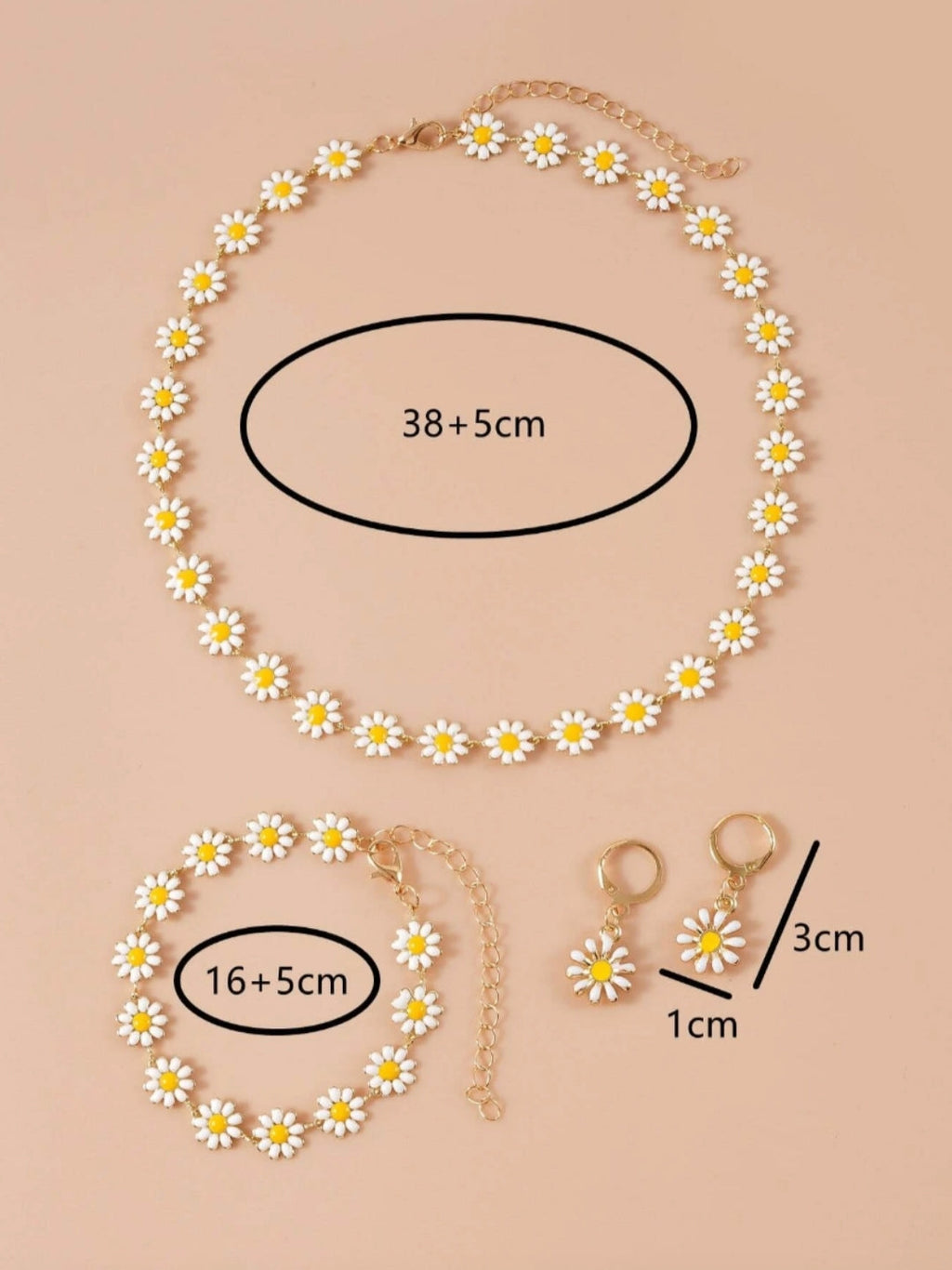 Gold Daisy Jewellery Set - Necklace, Earrings and Bracelet