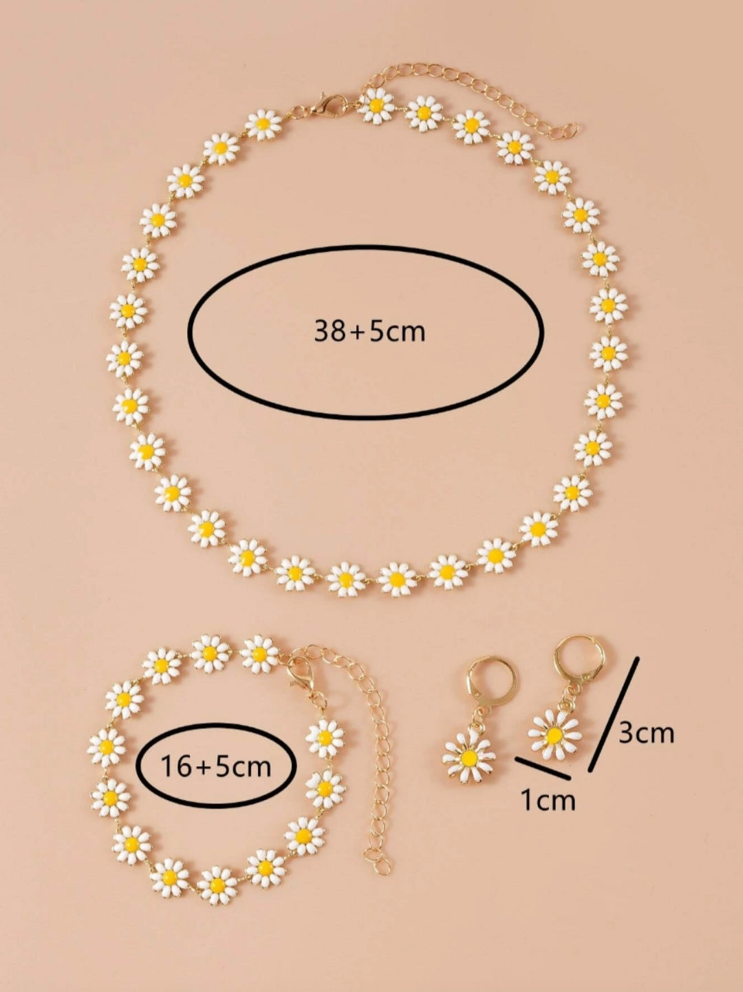 Gold Daisy Jewellery Set - Necklace, Earrings and Bracelet