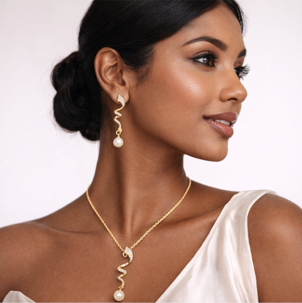 Classic Imitation Pearl Gold Color Jewelry Set Elegant Party Wear | AW